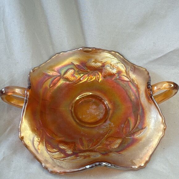 Fenton Strawberry Sprigs Bonbon Double Handed Carnival Glass Dish Orange Glows‎